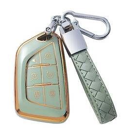 B6-green Car Idol Compatible With Cadillac Key Fob Cover Leather Lanyard Case