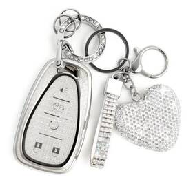 016-no-kstpuz-chvy-a-5 Nomiyo Key Fob Cover With Diamond Compatible Chevy 5 Button Silver