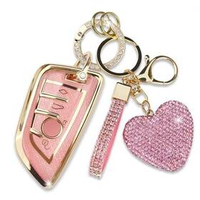 Simocky 705794505259 Key Fob Cover With Diamond Keychain Car Shell For Women Compatible Pink