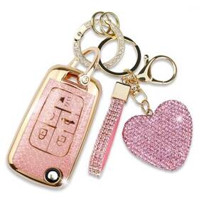 Simocky 705794505679 Fit For Gmc Buick Key Fob Cover With Diamond Keychain Compatible Pink