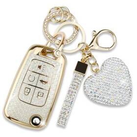 Simocky 705794505709 Fit For Gmc Buick Key Fob Cover With Diamond Keychain Compatible Gold