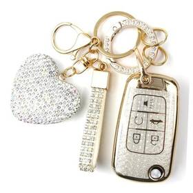 Yikecase 705794506225 Key Fob Cover With Diamond Keychain For Women Car Holder White-heart