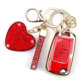 Yikecase 795441931401 Key Fob Cover With Diamond Keychain For Women Car Holder Red-heart